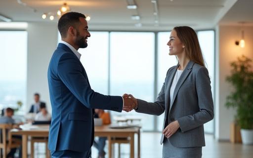 Beirt ghairmí ag croitheadh lámh i suíomh oifige.